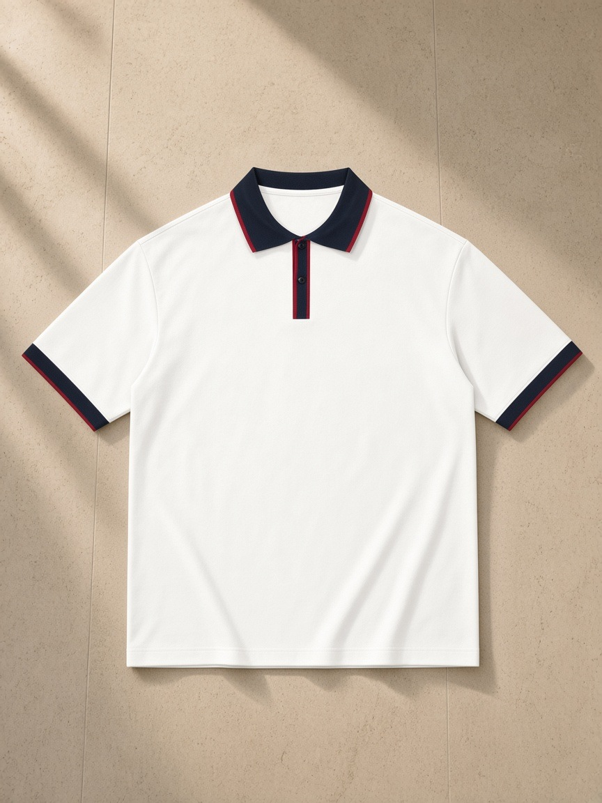Color block polo shirt in White with Navy Blue, laid flat on pale limestone