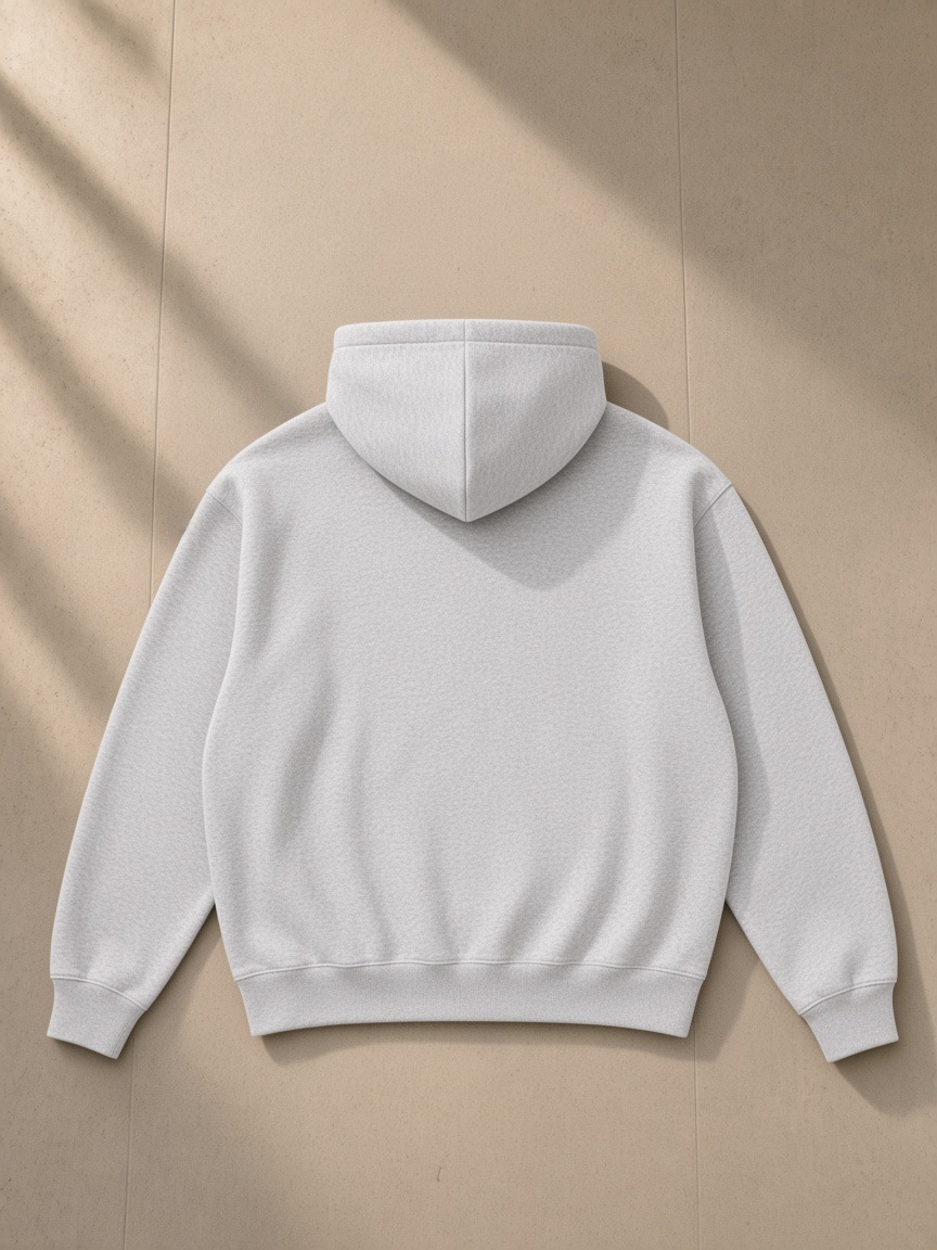 Unisex heavyweight boxy fleece hoodie in Oat Gray, back view on white. Marcel Afters