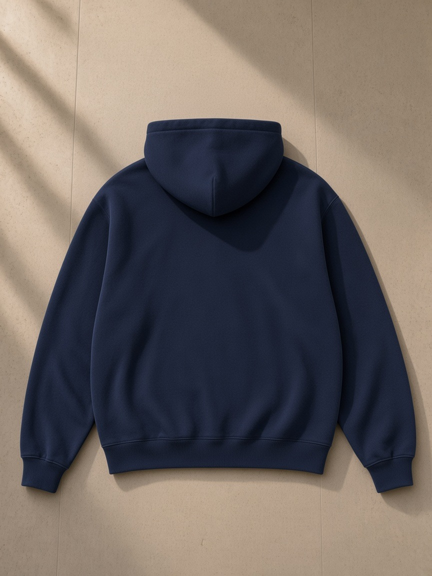 Vintage Wash Boxy Fleece Hoodie in Navy Blue, laid flat on pale limestone, back view