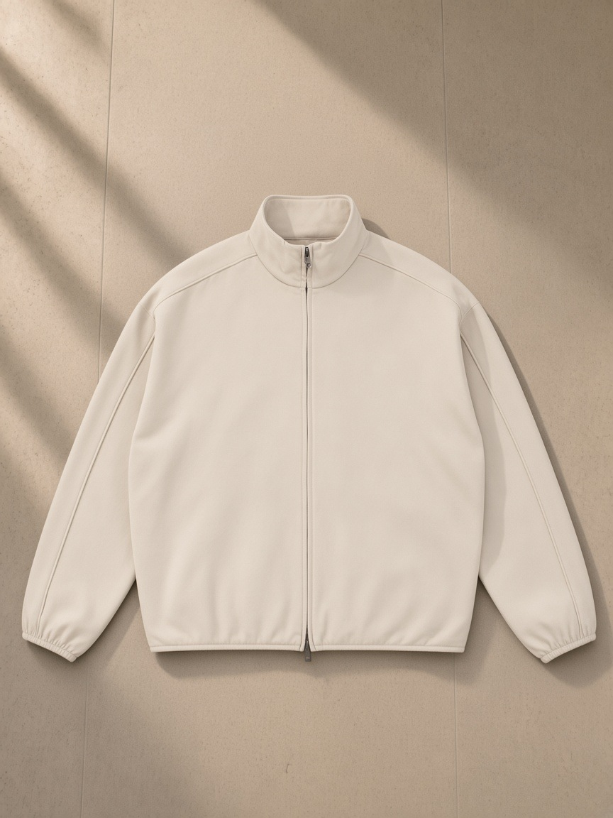 Heavyweight Stand Collar Jacket in Mild Apricot, laid flat on pale limestone