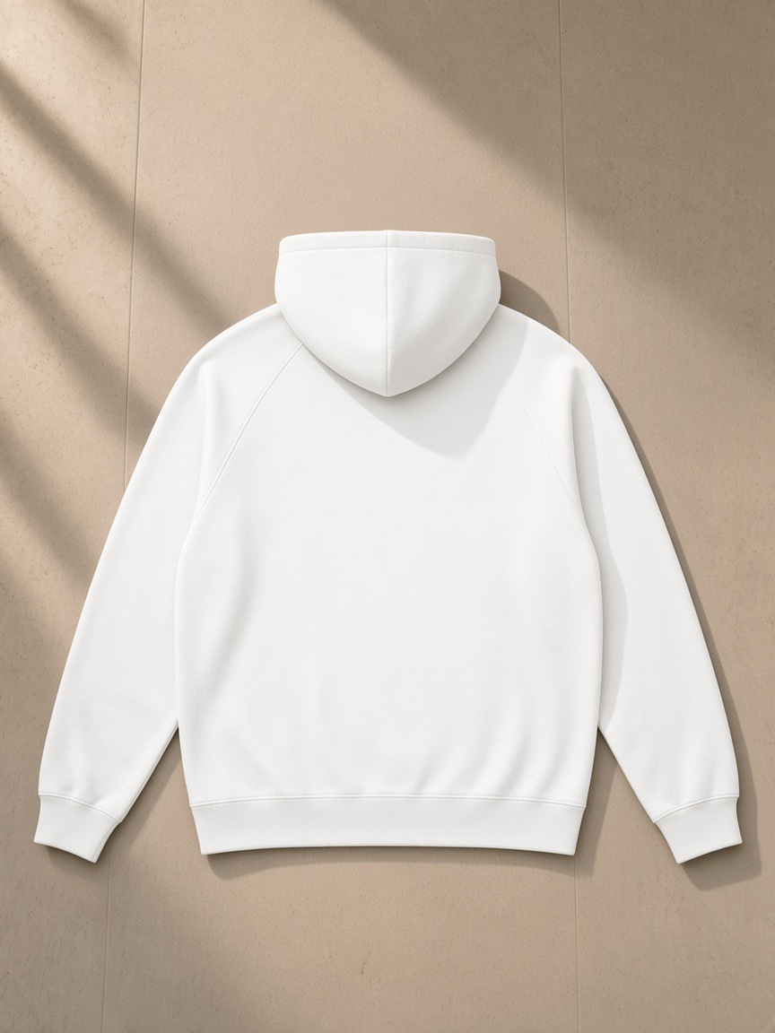 Oversized Raglan Pullover Hoodie in White, laid flat on pale limestone, back view