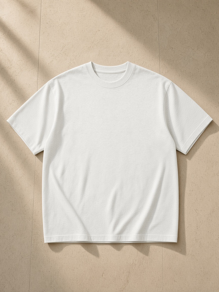 Unisex Quick-Dry Relaxed Fit T-Shirt in Oat Gray, laid flat on pale limestone