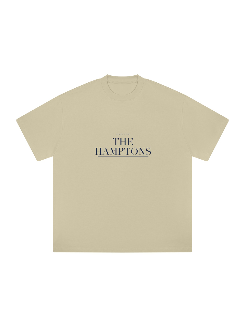 The Hamptons Heavyweight Drop Shoulder T-Shirt by Marcel Afters in Pale Khaki, front view with the printed artwork, on white