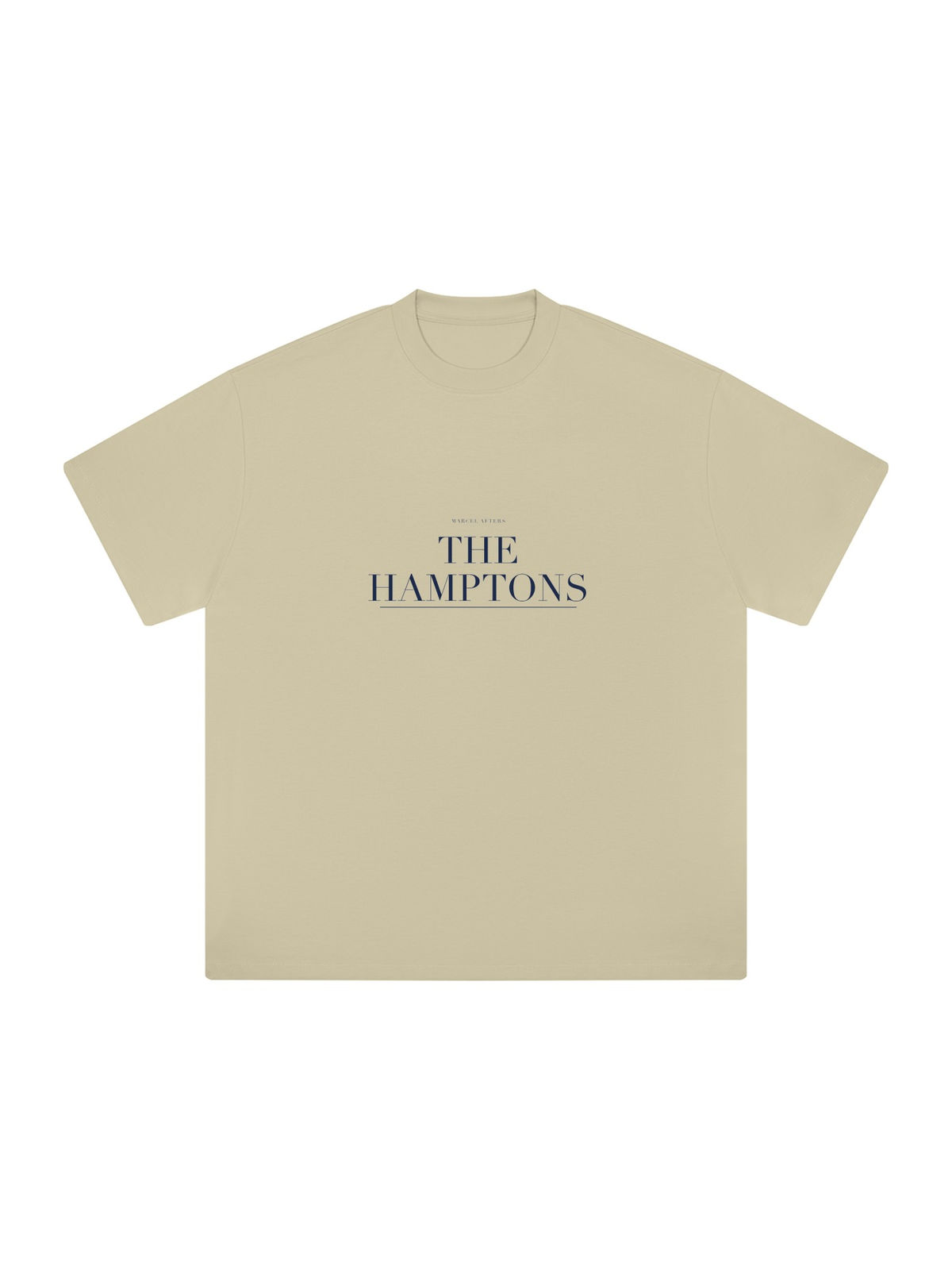 The Hamptons Heavyweight Drop Shoulder T-Shirt by Marcel Afters in Pale Khaki, front view with the printed artwork, on white
