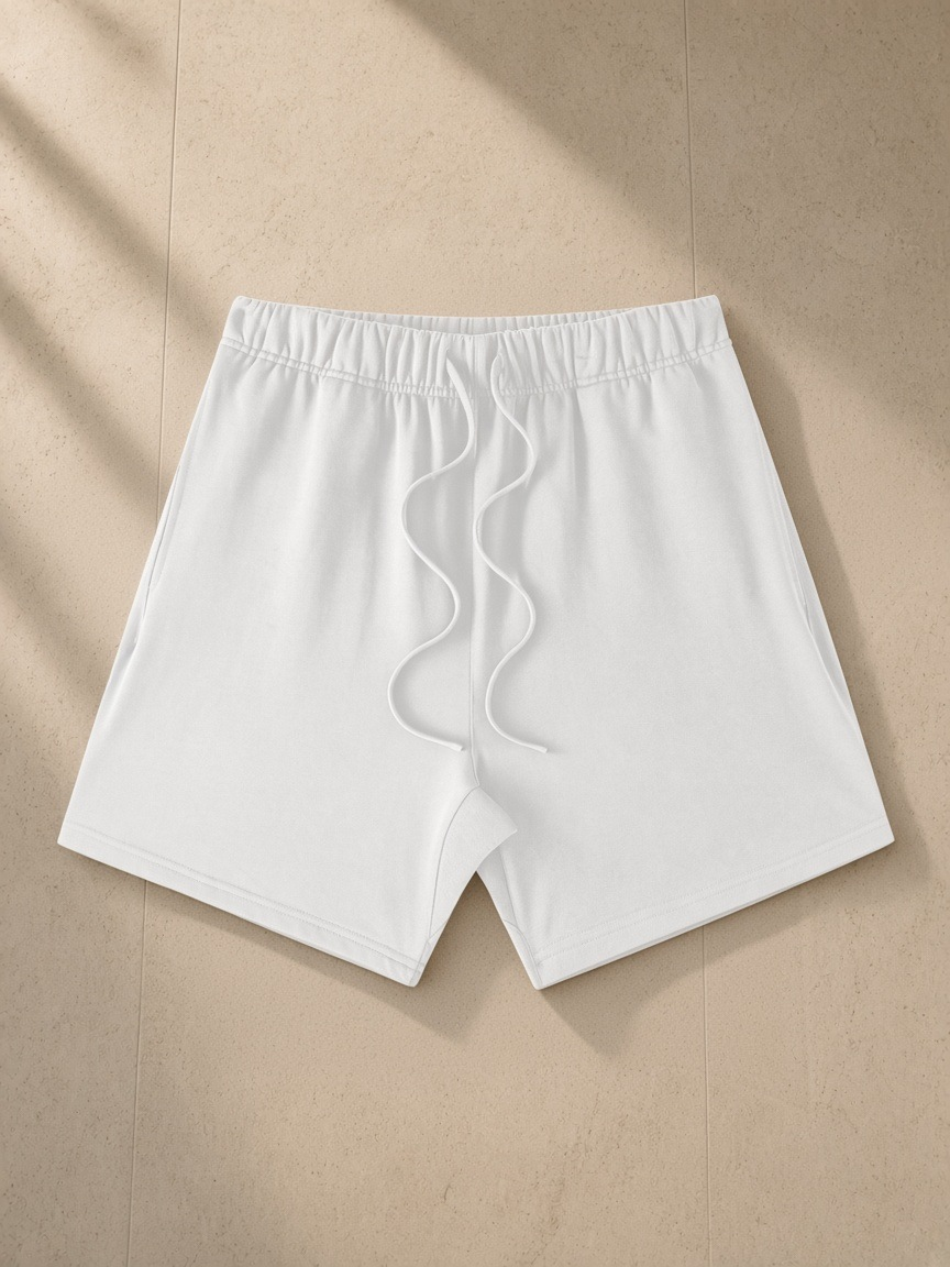 Earth Tone Loose Fit Cotton Shorts in White, laid flat on pale limestone