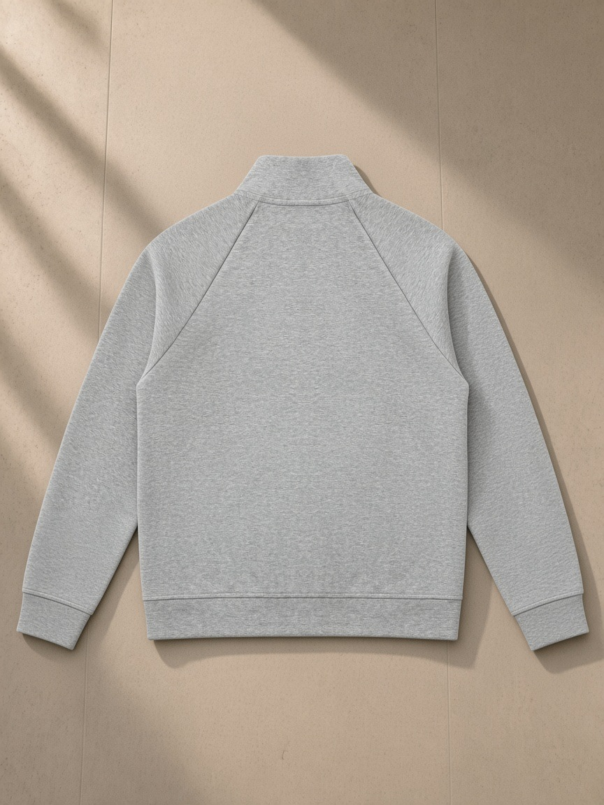 Zip-Pocket Stand Collar Jacket in Flower Gray, laid flat on pale limestone, back view
