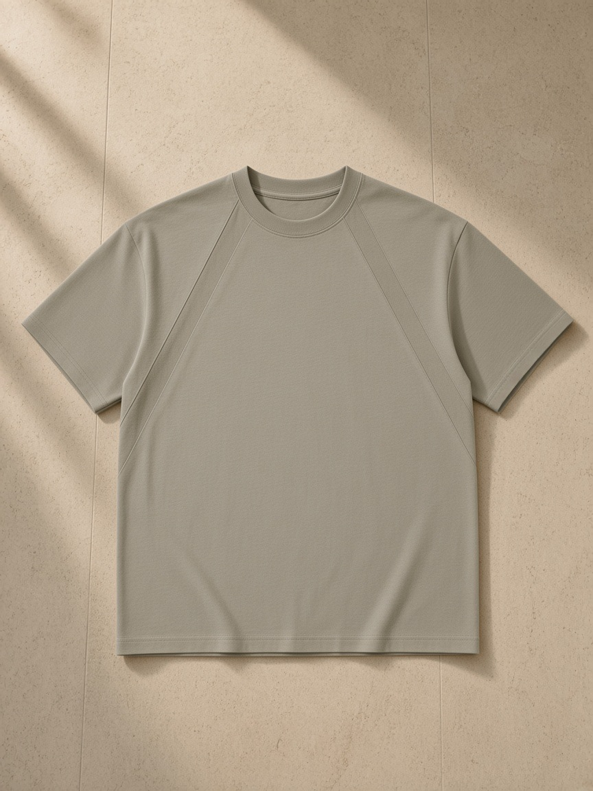 Tonal Paneled Performance T-Shirt in Gray Green, laid flat on pale limestone