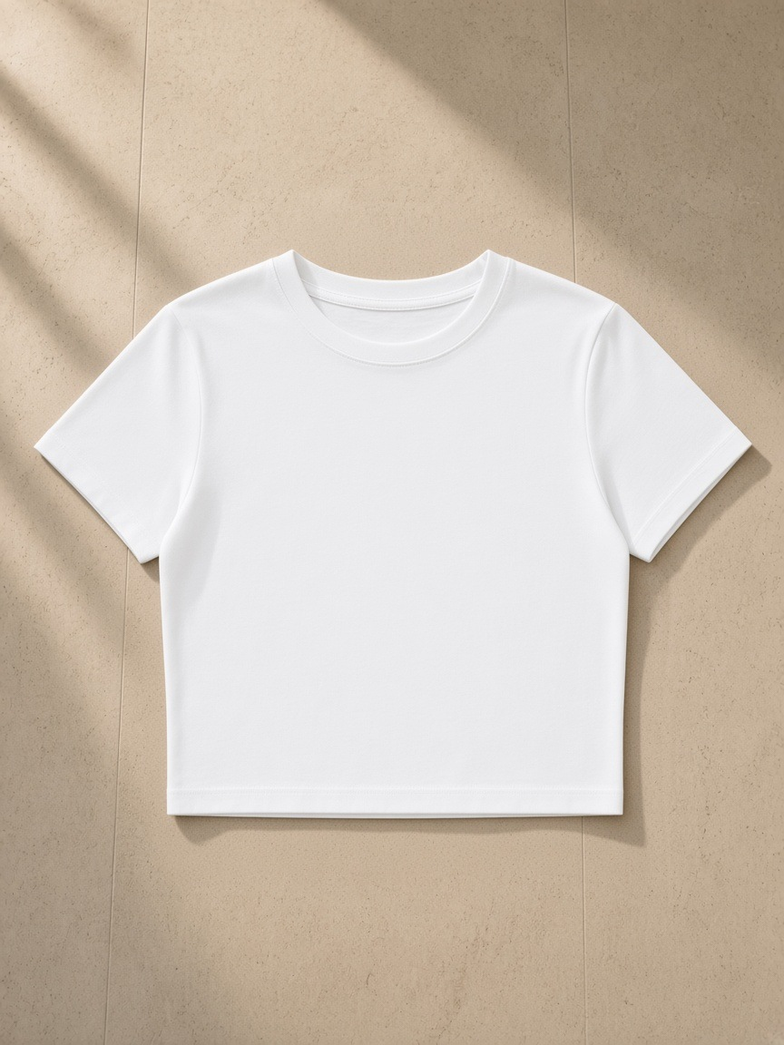 Fitted Crop Cotton T-Shirt in Lucent White, laid flat on pale limestone