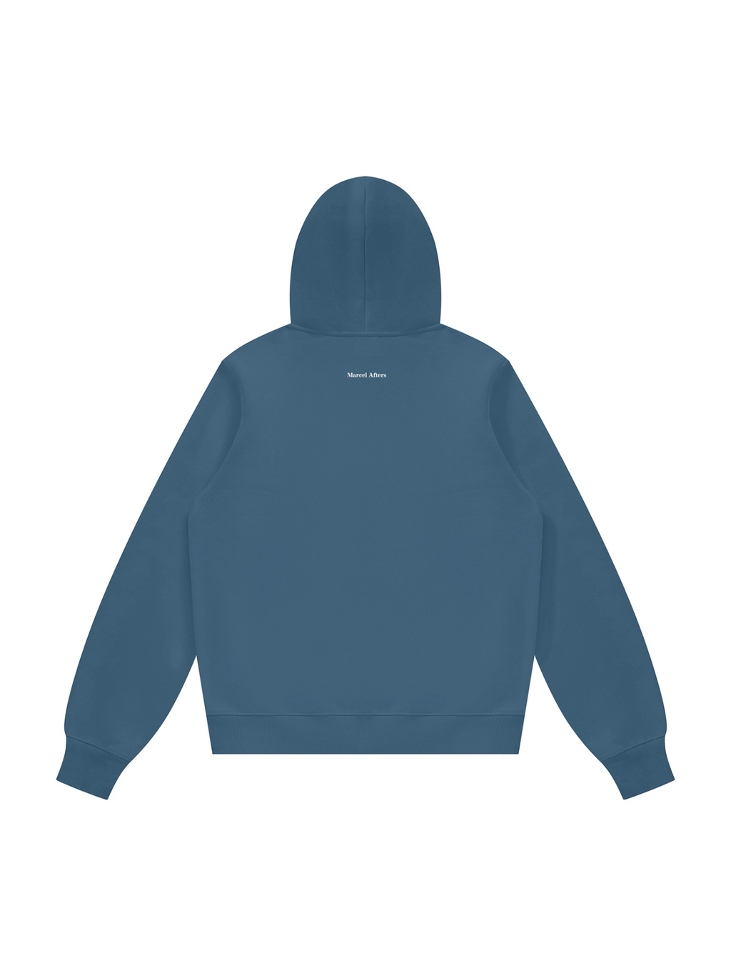 Unisex fleece regular shoulder hoodie in Haze Blue, back view on white. Marcel Afters