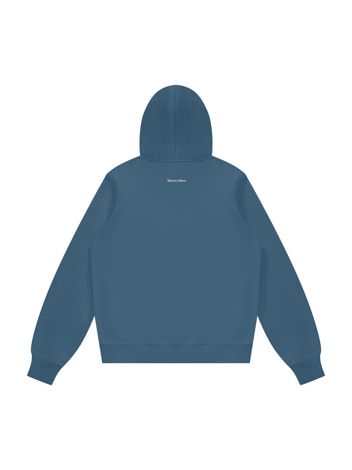 Unisex fleece regular shoulder hoodie in Haze Blue, back view on white. Marcel Afters