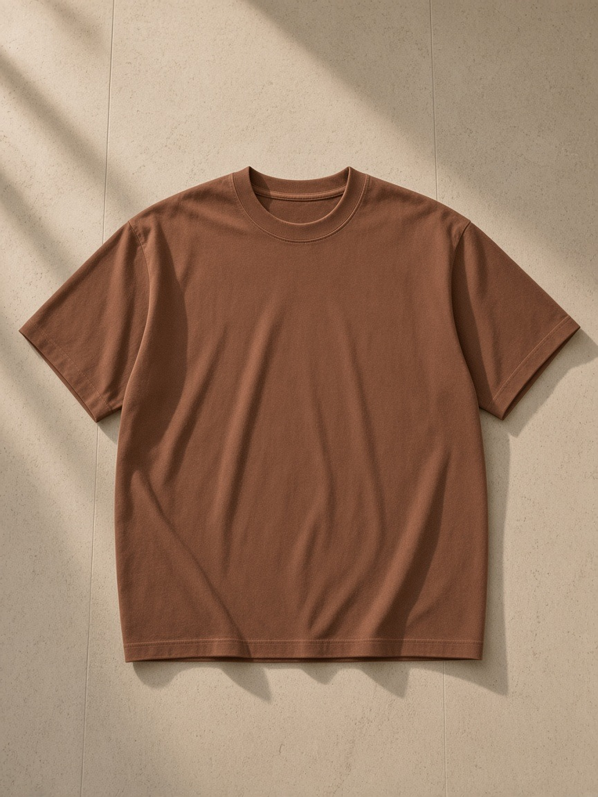 Unisex vintage wash drop shoulder t-shirt in Coffee, laid flat on pale limestone