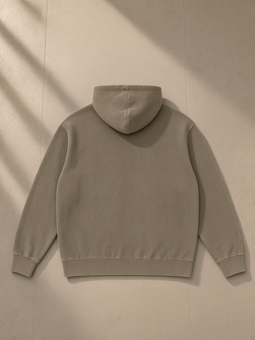 Mineral Wash Oversized Hoodie in Coffee, laid flat on pale limestone, back view