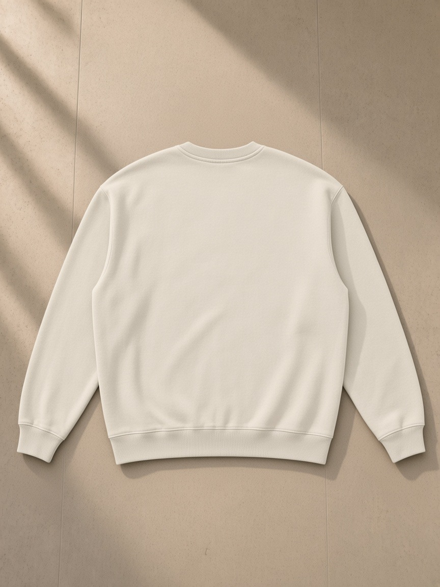 Vintage wash fleece sweatshirt in Light Apricot, laid flat on pale limestone, back view