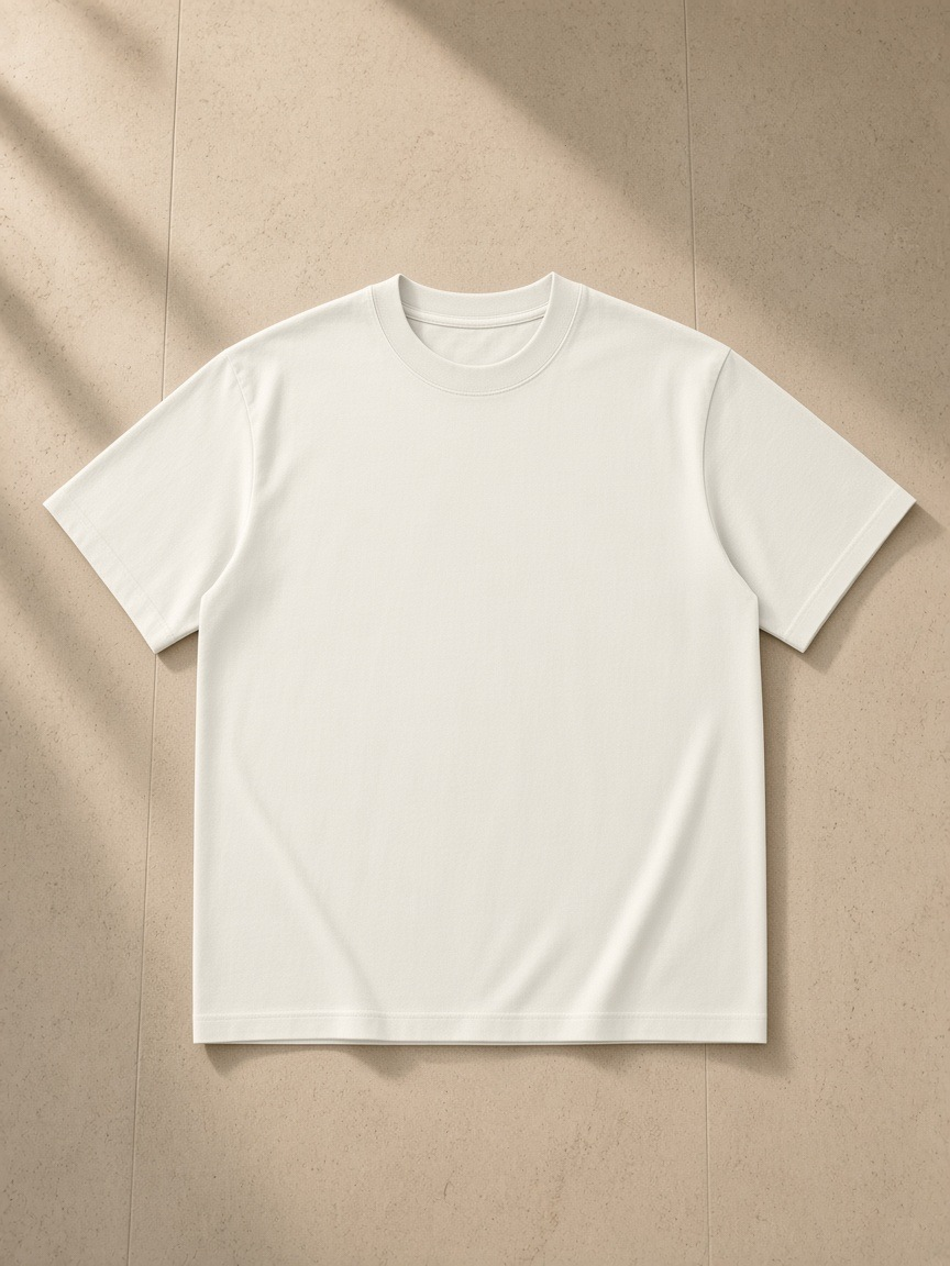 Unisex loose drop shoulder t-shirt in Apricot, laid flat on pale limestone