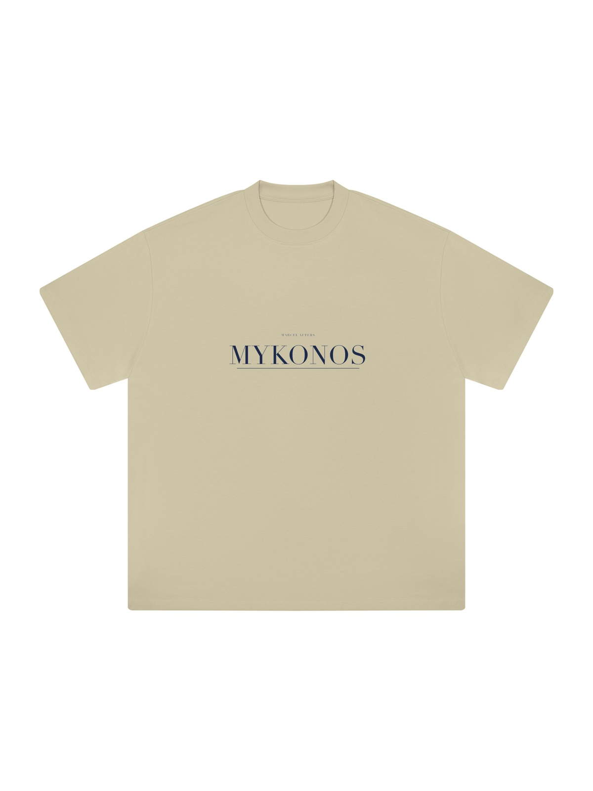 Mykonos Heavyweight Drop Shoulder T-Shirt by Marcel Afters in Pale Khaki, front view with the printed artwork, on white