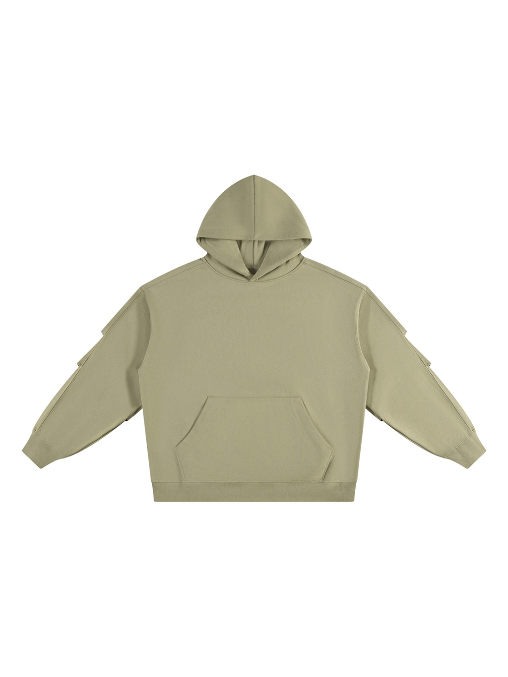 Unisex heavyweight ruched sleeves hoodie in Gray Green, front view on white. Marcel Afters