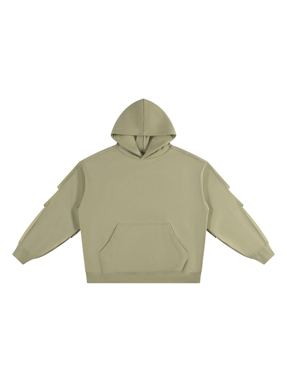 Heavyweight Ruched Sleeves Hoodie in Gray Green, laid flat on pale limestone, front view