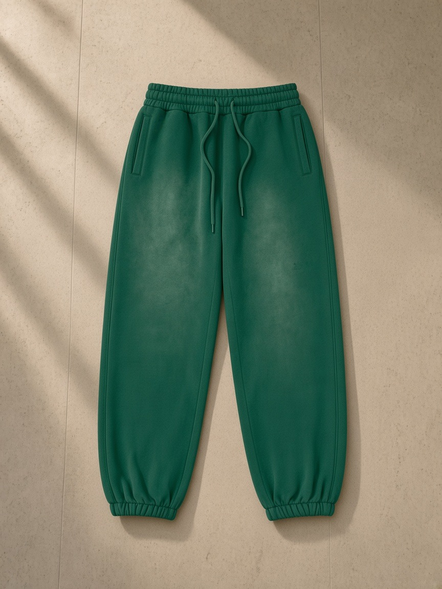 Unisex vintage washed fleece jogger sweatpants in Dark Green, laid flat on pale limestone