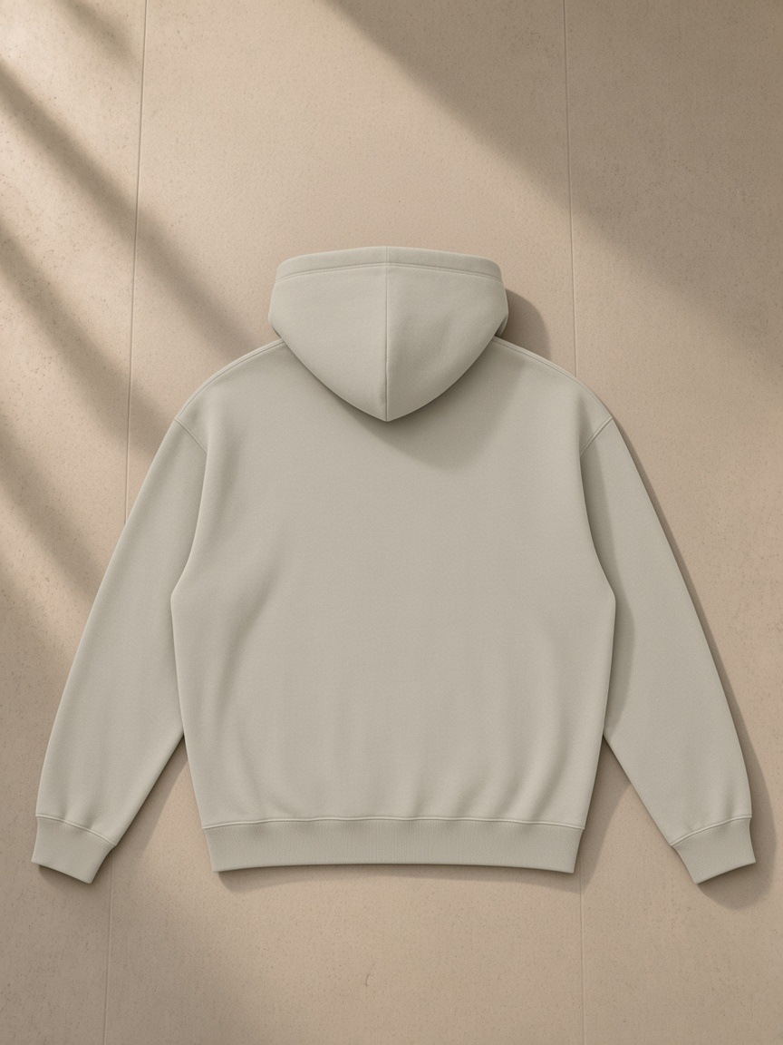 Streetwear Fleece Hoodie in Gray Apricot, laid flat on pale limestone, back view