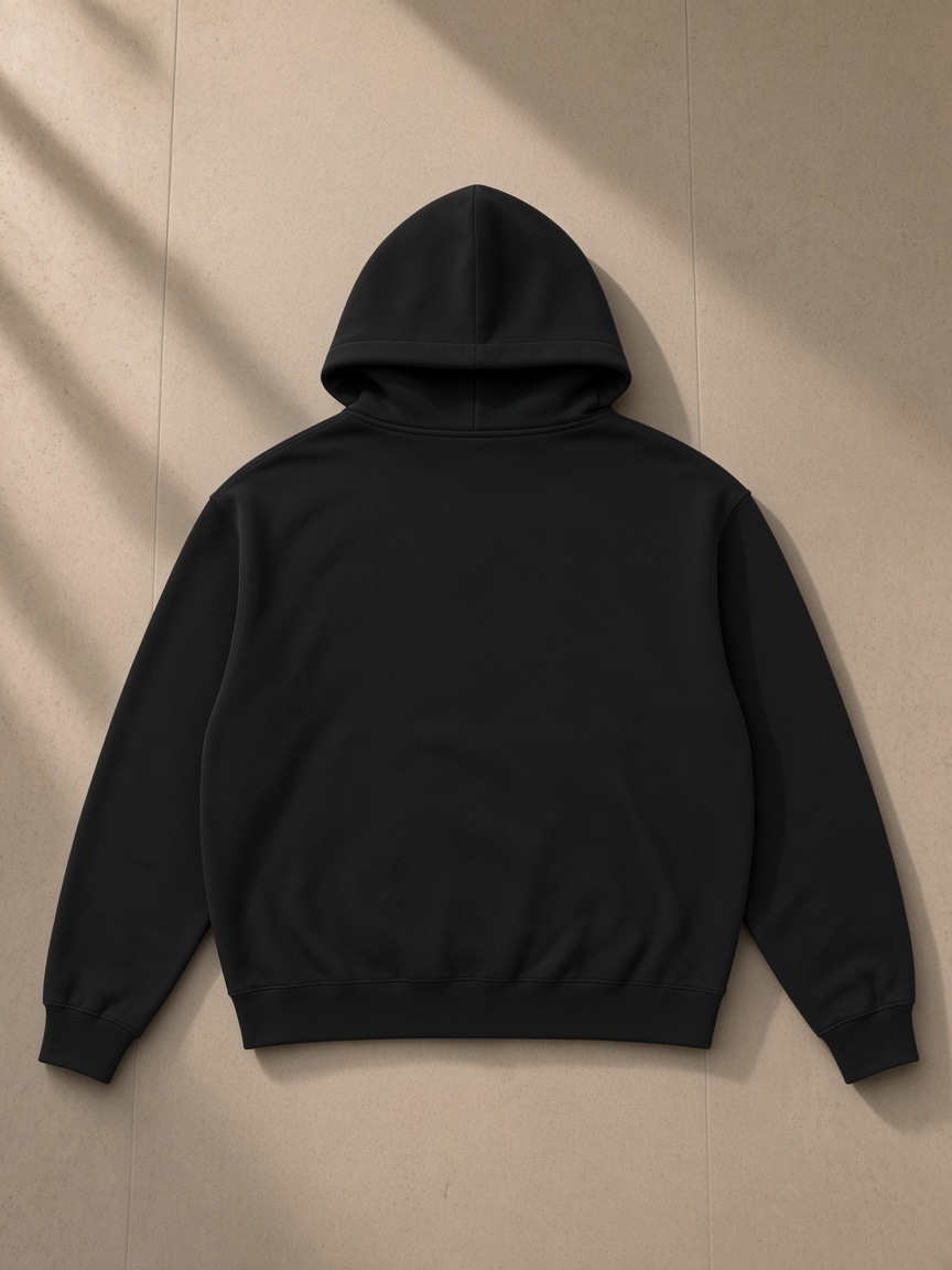 Essential fleece zip-through hoodie in Black, laid flat on pale limestone, back view