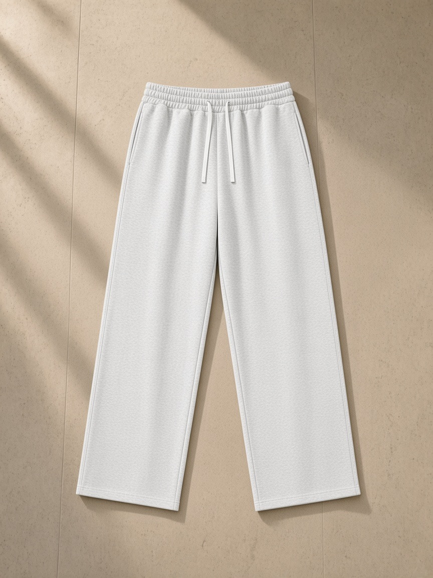 Straight Leg Sweatpants in Oat Gray, laid flat on pale limestone