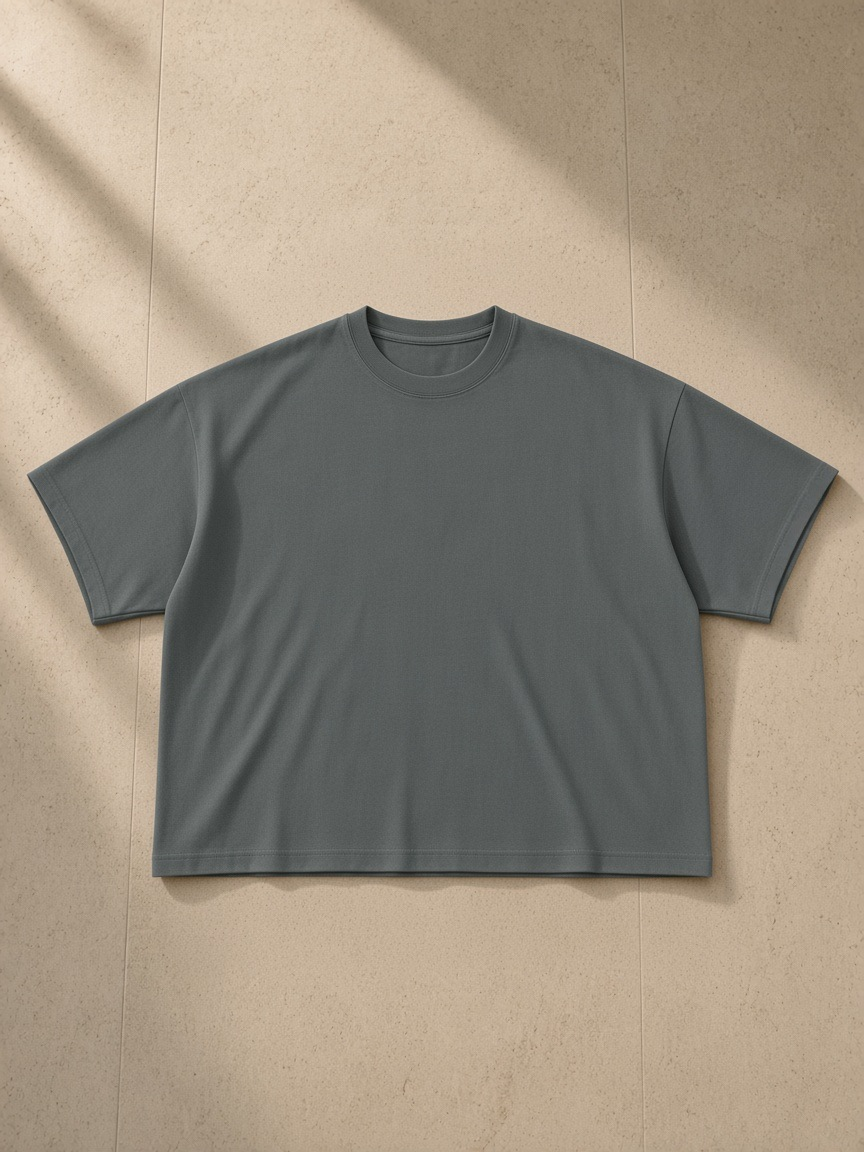 Unisex heavyweight boxy raw edge t-shirt in Gray Blue, laid flat on pale limestone