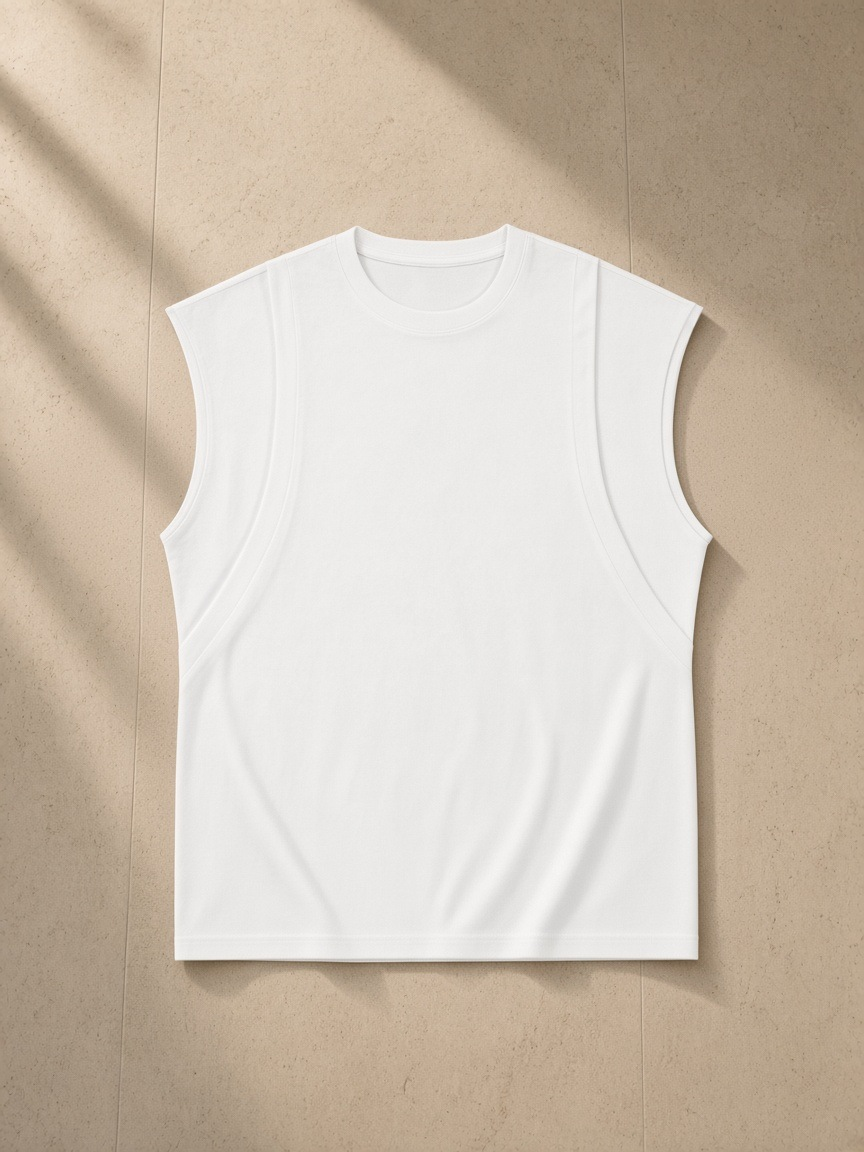 Unisex spliced panel sleeveless muscle t-shirt in White, laid flat on pale limestone