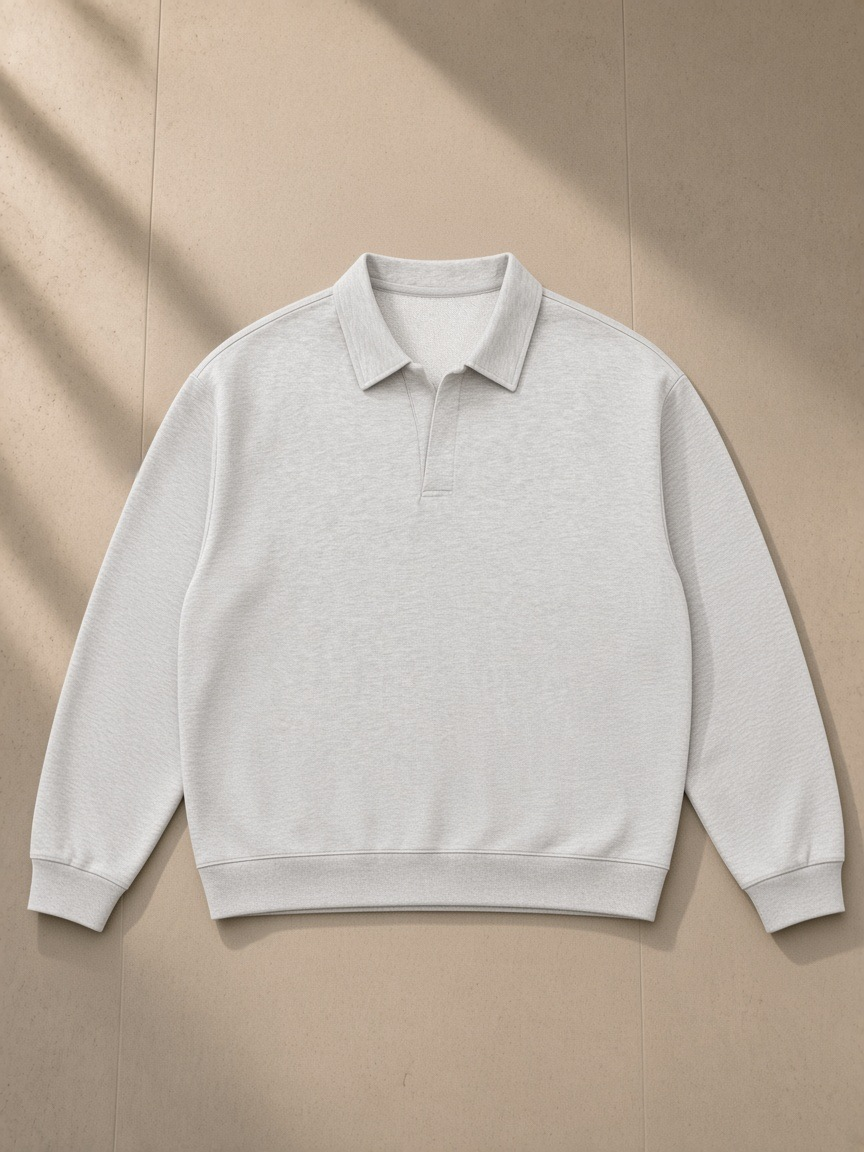 Oversized Collared Sweatshirt in Flower Gray, laid flat on pale limestone