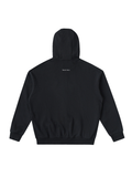 Unisex drop-shoulder zip up hoodie in Black, back view on white. Marcel Afters