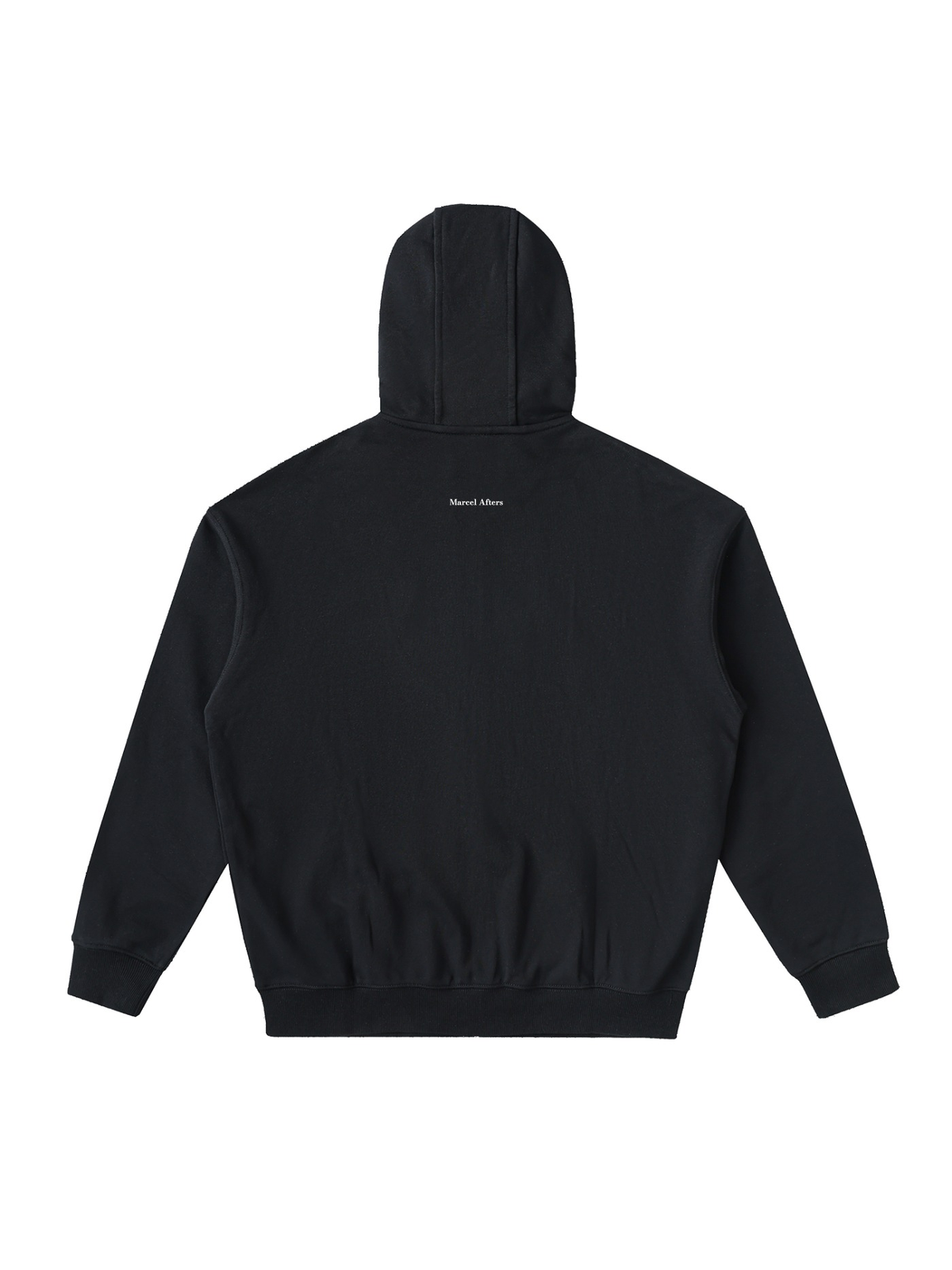 Unisex drop-shoulder zip up hoodie in Black, back view on white. Marcel Afters