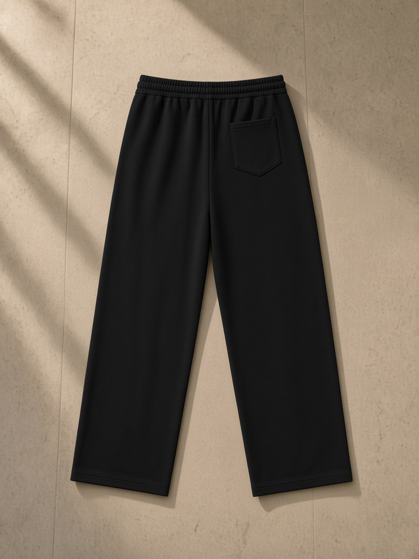 Straight Leg Sweatpants in Black, laid flat on pale limestone, back.