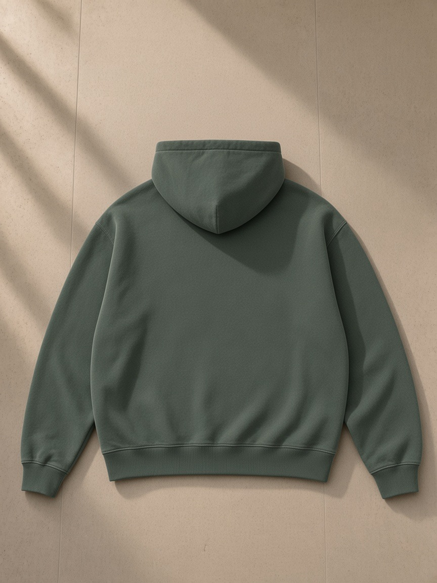 Vintage Wash Boxy Fleece Hoodie in Washed Green, laid flat on pale limestone, back view