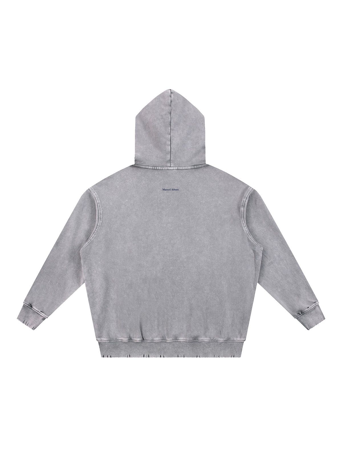 Snow Wash Hand-Frayed Heavyweight Hoodie in Light Gray, laid flat on pale limestone, back.