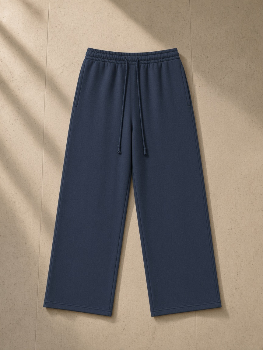 Heavyweight Fleece Sweatpants in Navy Blue, laid flat on pale limestone