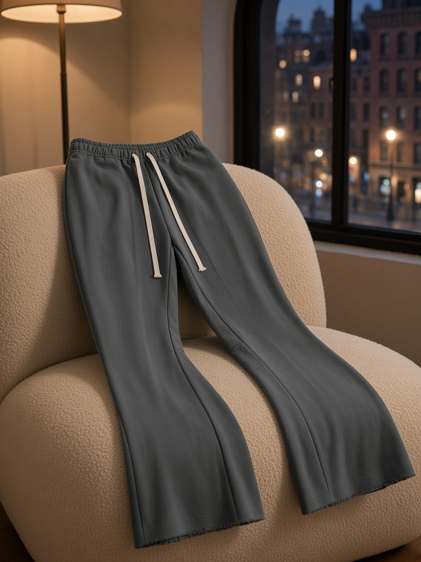 Flared sweatpants in Gray over a bouclé armchair in a SoHo loft at night