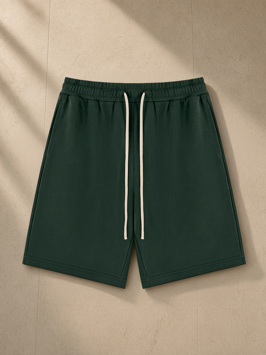 Drawstring shorts in Dark Green, laid flat on pale limestone