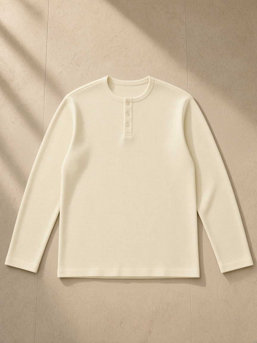 Long Sleeve Henley T-Shirt in Light Apricot, front view