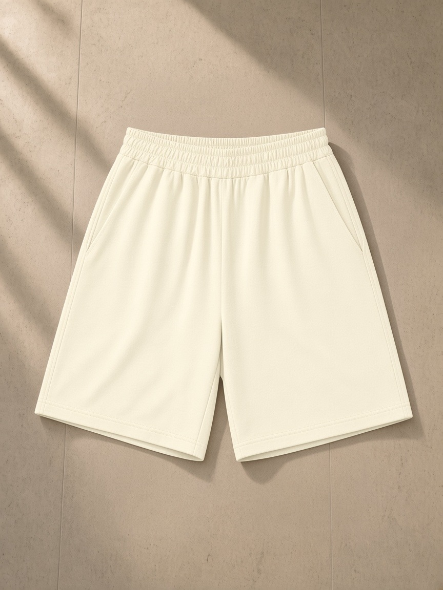Unisex regular fit shorts in Apricot, laid flat on pale limestone