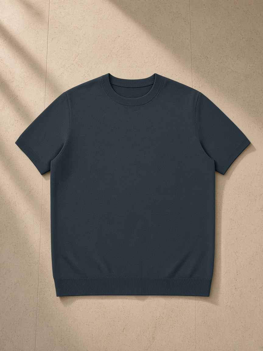 Crewneck Knit T-Shirt in Gray Blue, laid flat on pale limestone