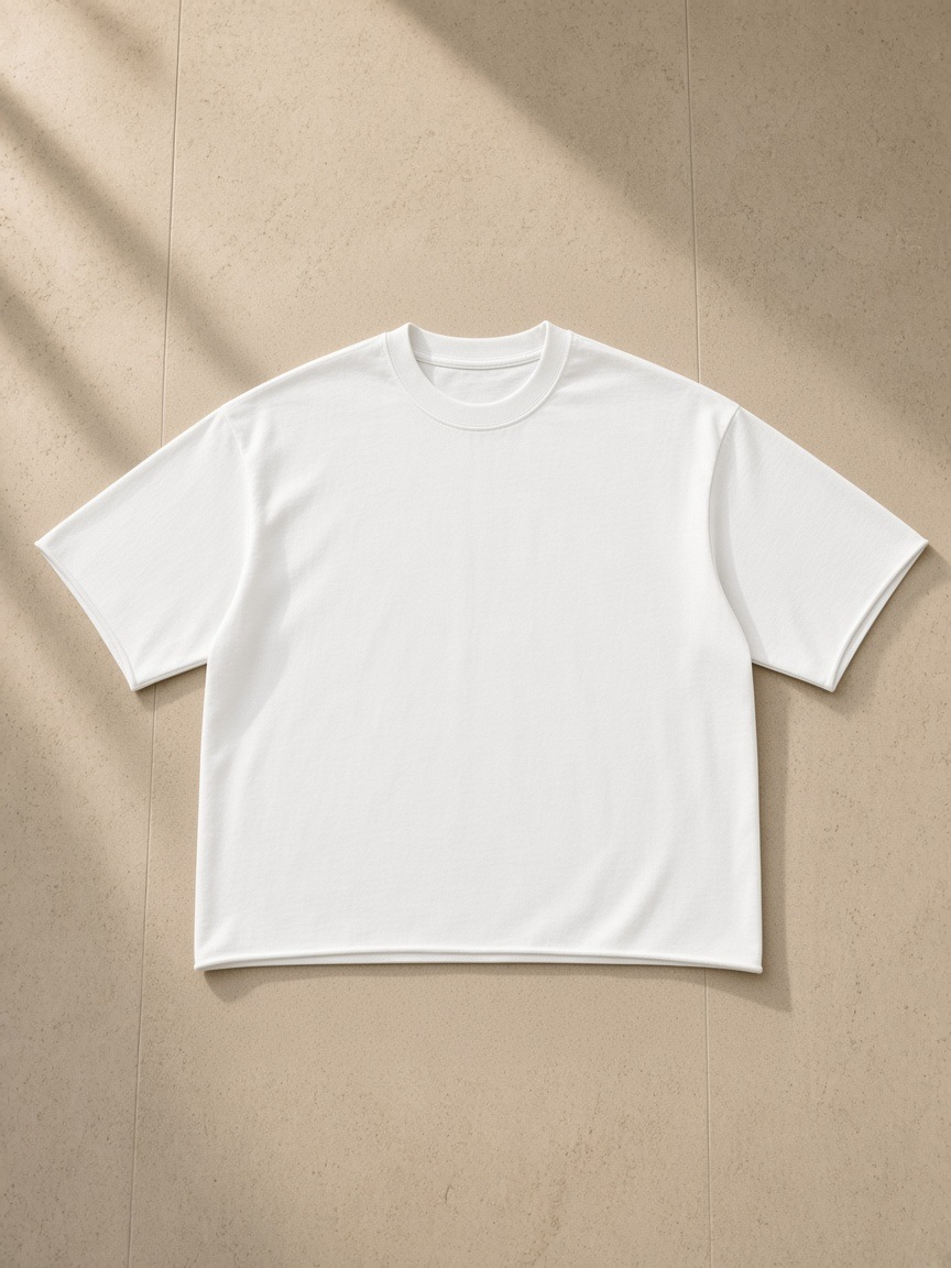 Unisex French terry raw edge t-shirt in White, laid flat on pale limestone