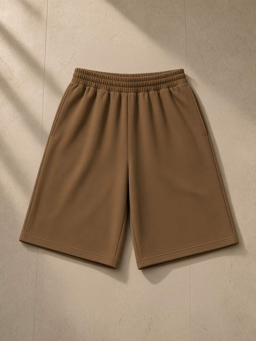 Unisex heavyweight shorts in Coffee, laid flat on pale limestone