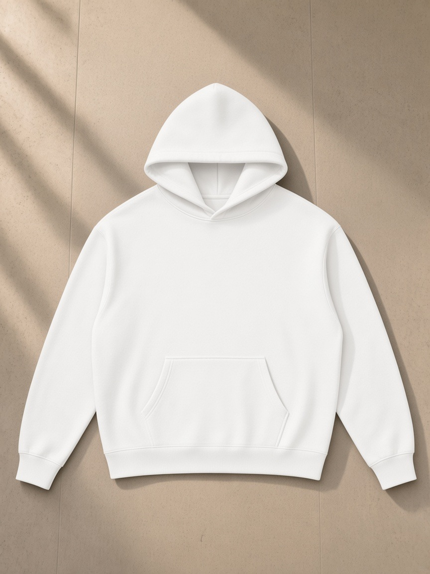Oversize fleeced hoodie in White, laid flat on pale limestone