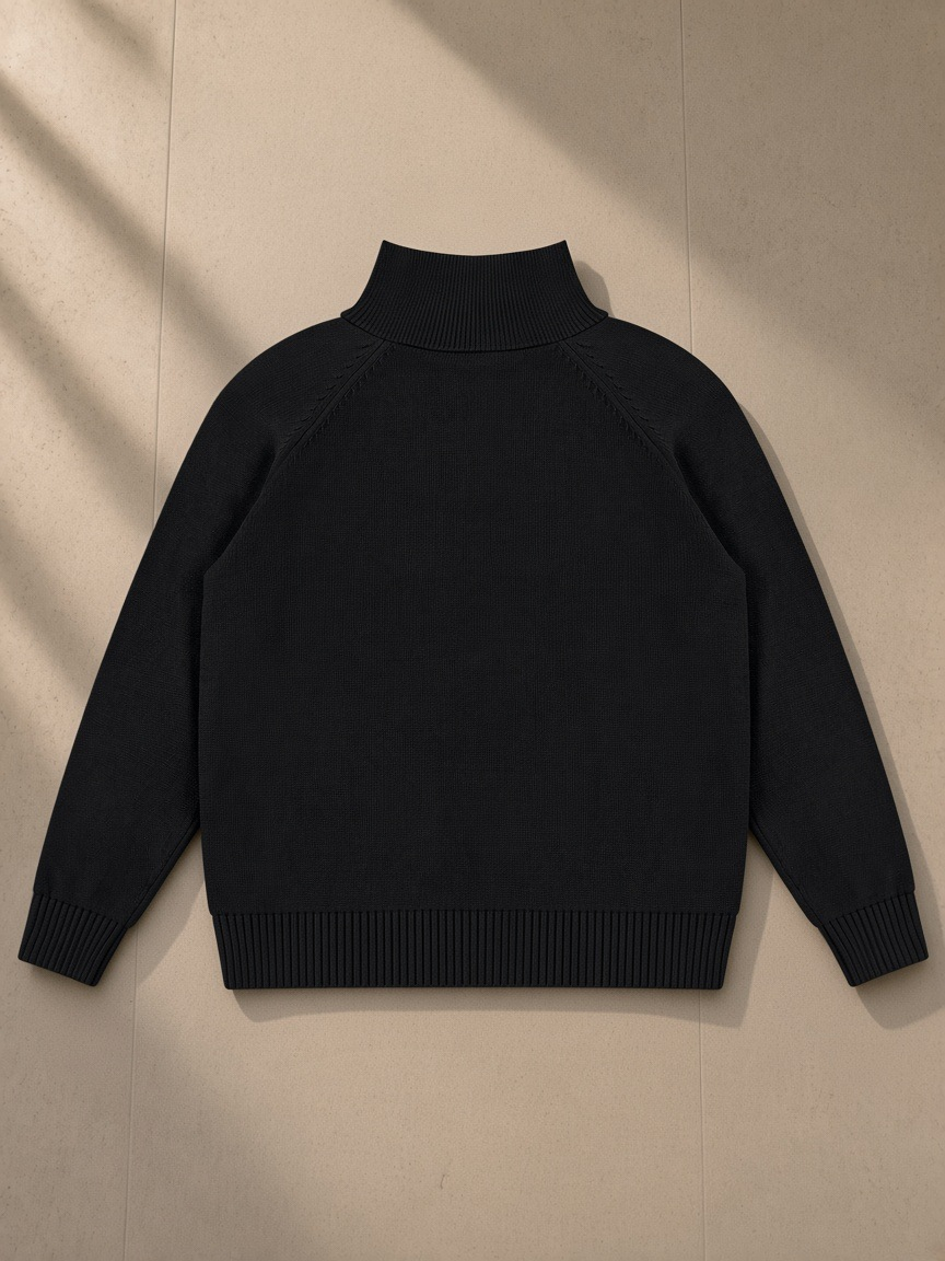 Heavyweight Collared Quarter-Zip in Black, laid flat on pale limestone, back view