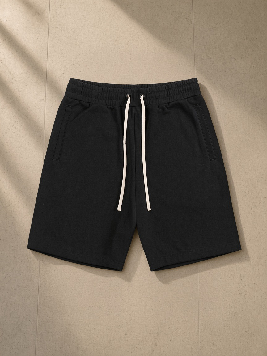 Essential Cotton Shorts in Black, laid flat on pale limestone
