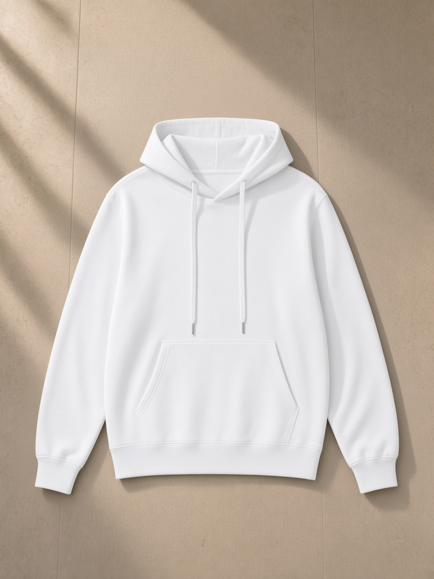 Unisex classic cotton hoodie in Lucent White, laid flat on pale limestone