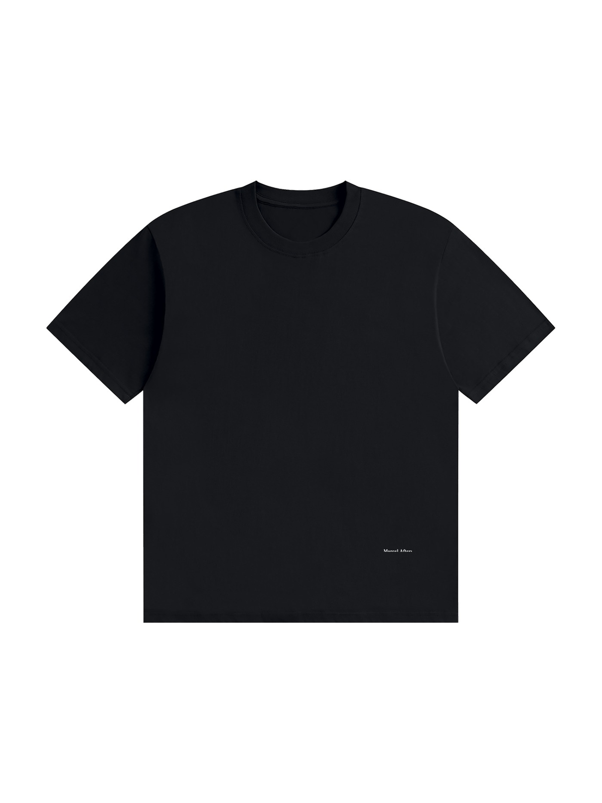 Unisex seamless cotton t-shirt in Black, front view on white. Marcel Afters