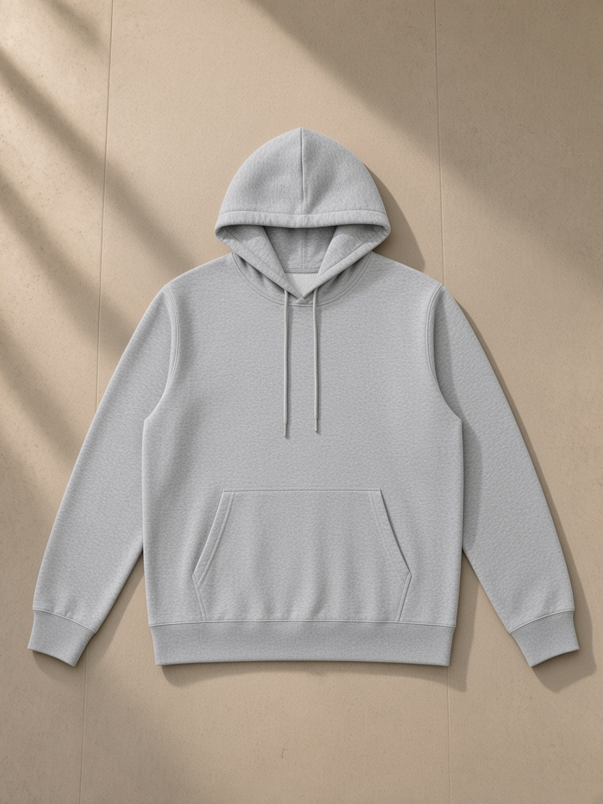 Essential oversized hoodie in Flower Gray, laid flat on pale limestone