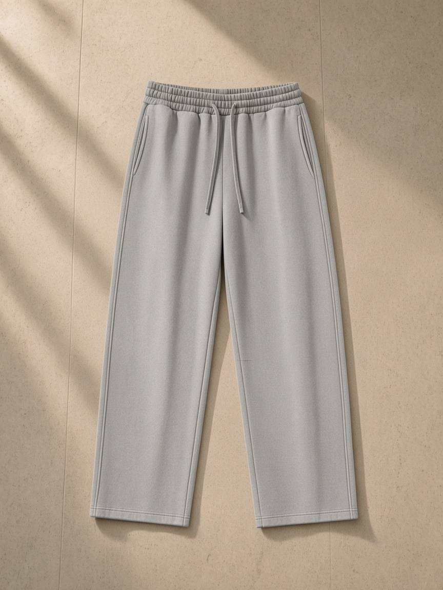 Vintage wash barrel leg fleece sweatpants in Light Gray, laid flat on pale limestone