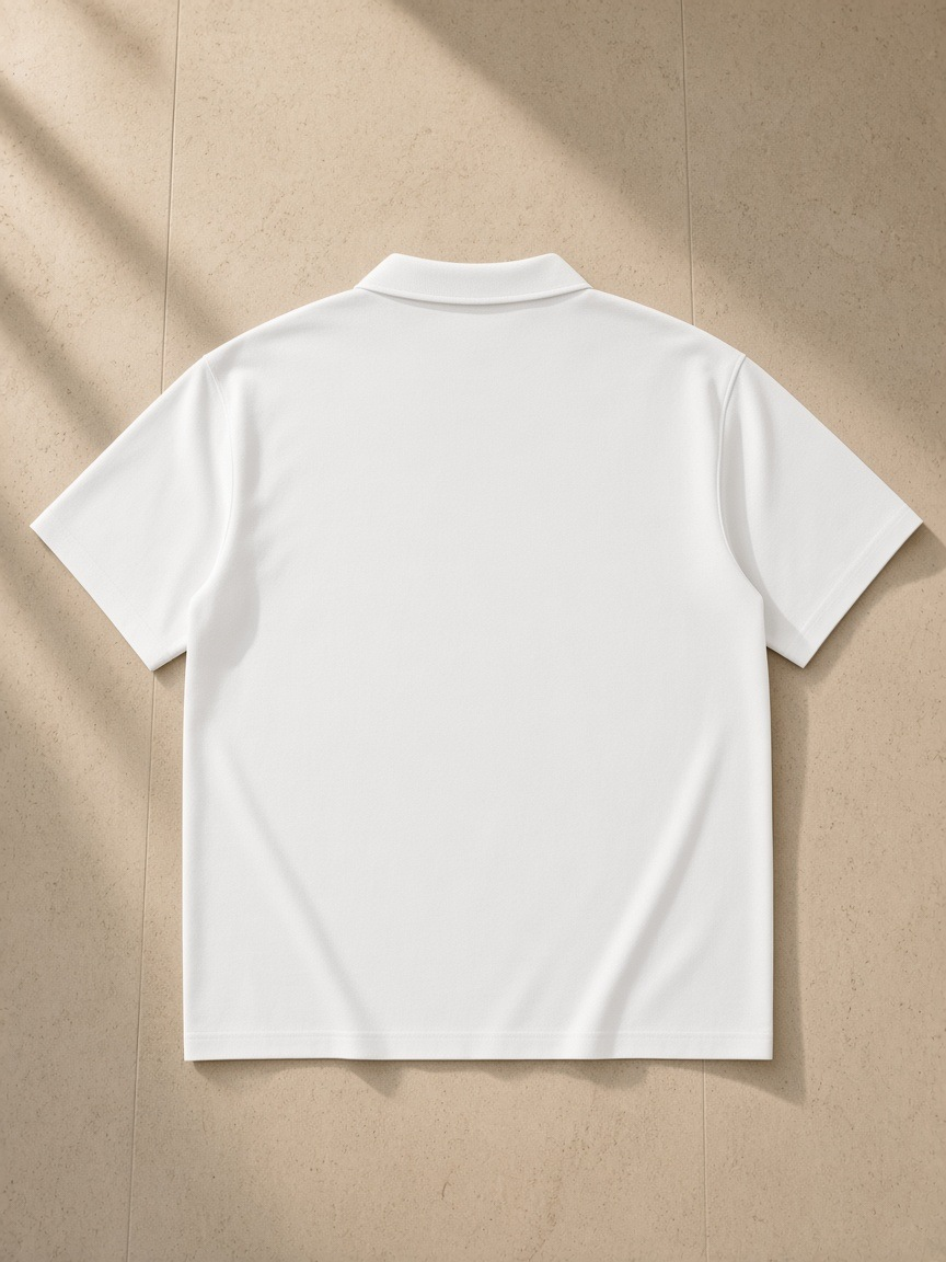 Quarter-Zip Knit Polo in White, laid flat on pale limestone, back view