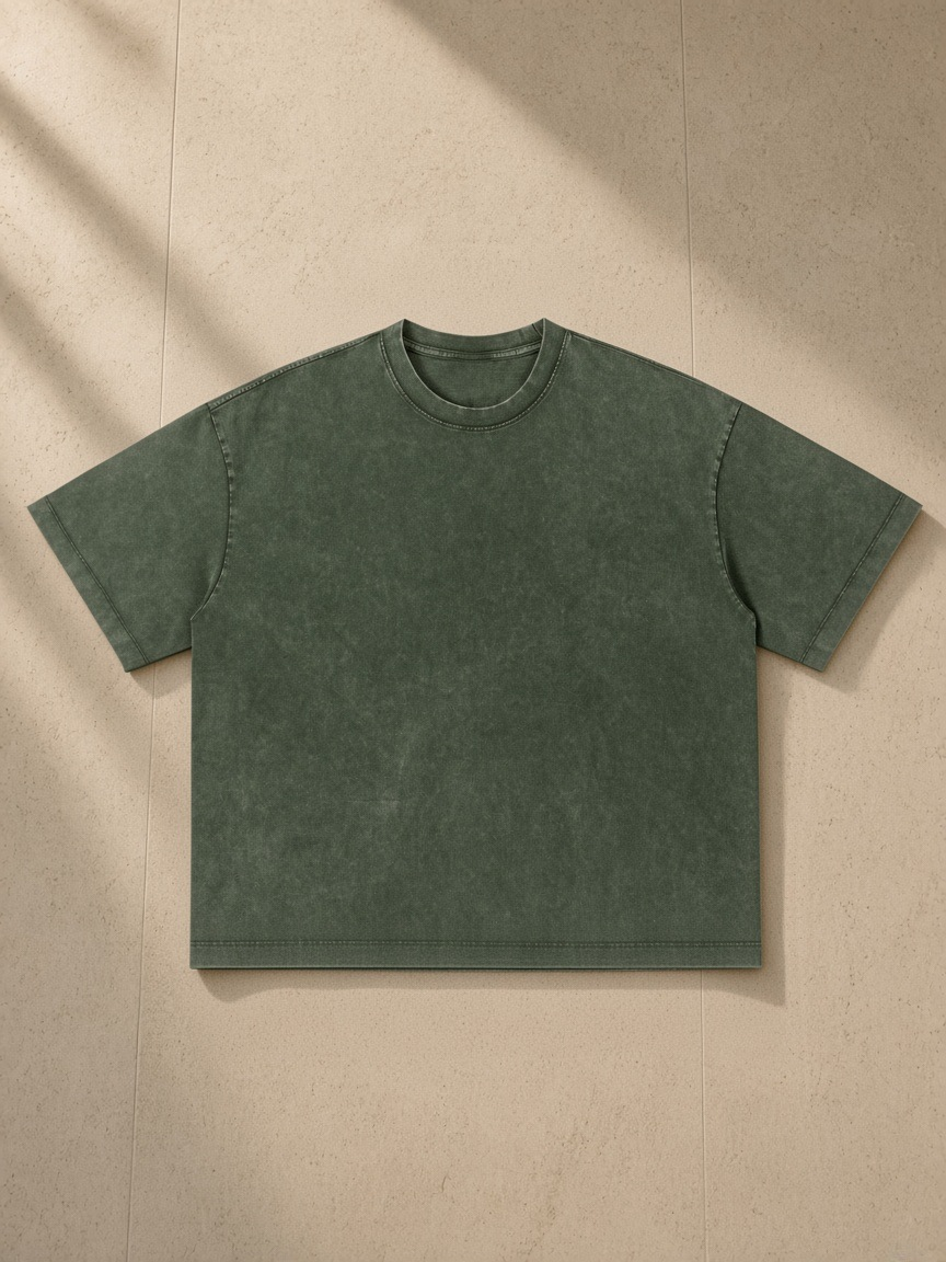 Unisex vintage wash boxy t-shirt in Army Green, laid flat on pale limestone
